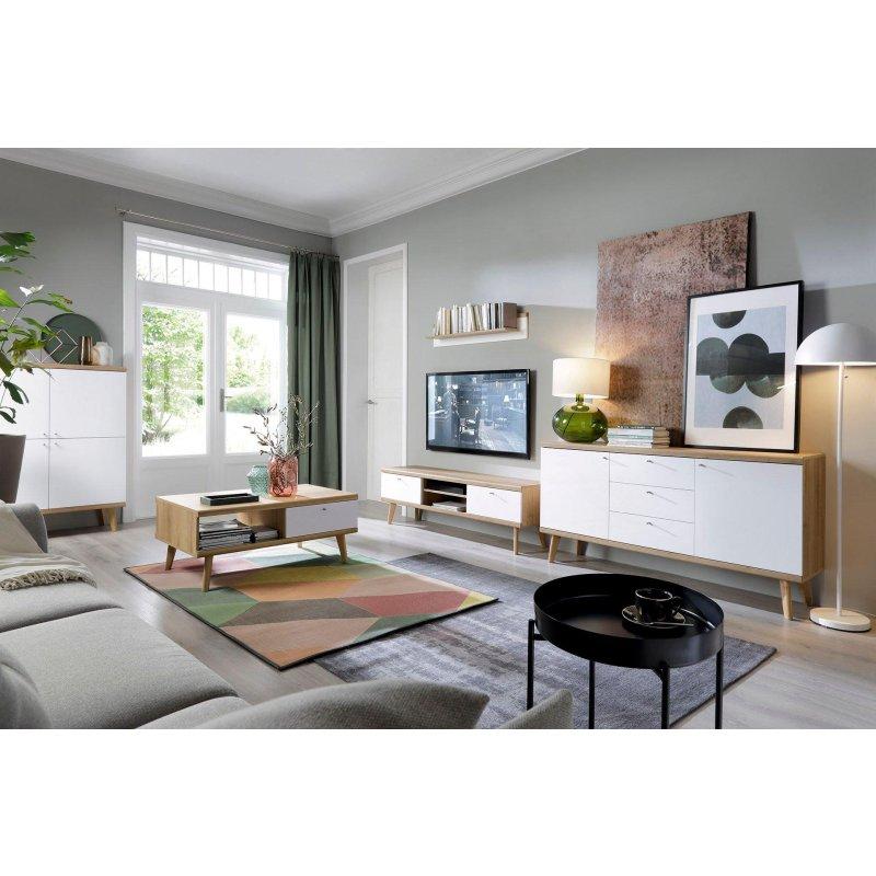 Doğal Ahşap ve Beyaz Mat Ön Cepheli 160 cm Genişliğinde Oturma Odası Vitrinli TV Ünitesi - 82117