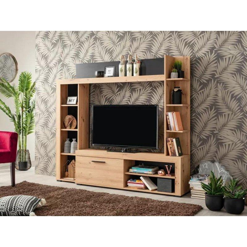 Doğal Meşe Renkli Anthrazitgri Detaylı 173x158x33 cm Vitrinli TV Ünitesi - 81835