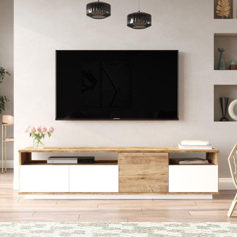 Dört Kapılı 180 cm Ahşap TV Ünitesi Beyaz ve Atlantik Çam Dekorlu - 80632