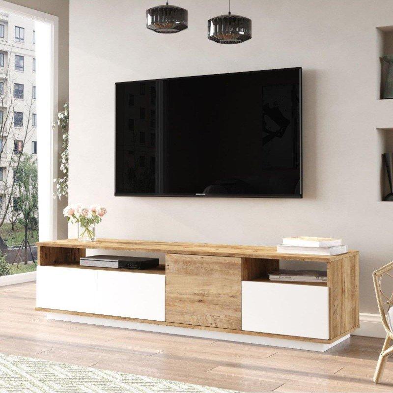 Dört Kapılı 180 cm Ahşap TV Ünitesi Beyaz ve Atlantik Çam Dekorlu - 80632