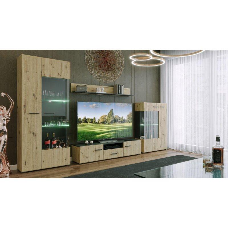 Dört Kapılı İki Çekmeceli Vitrinli TV Ünitesi Artisan Meşe ve Mat Siyah - 81958