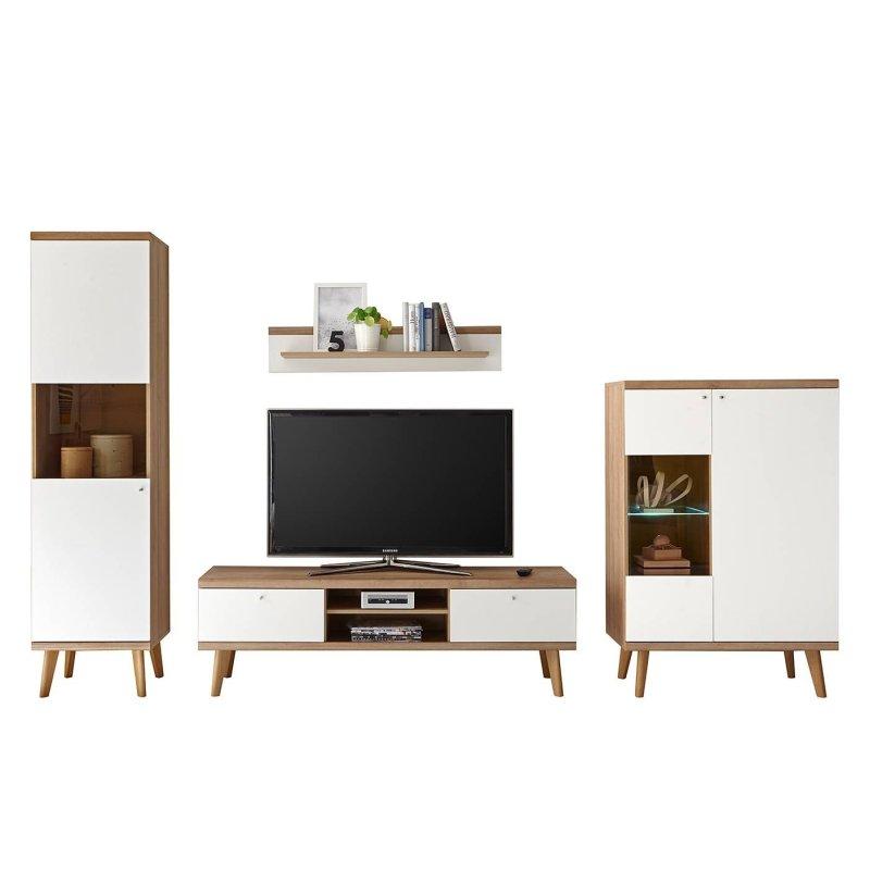 Dört Parçalı Beyaz Mat ve Riviera Dekorlu Vitrinli TV Ünitesi 300x197 cm - 81793