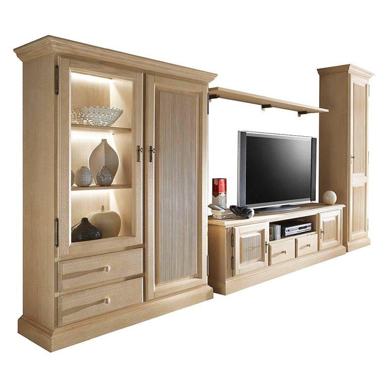 Dört Parçalı Krem Rengi Masif Çam Vitrinli TV Ünitesi 396x217 cm Breddin - 81859