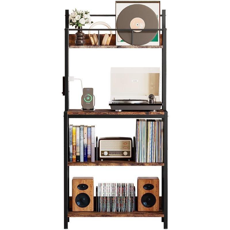 Dört Raflı Şarj İstasyonlu Retro Brown Plak Dolabı 148x69x36 cm - 81568