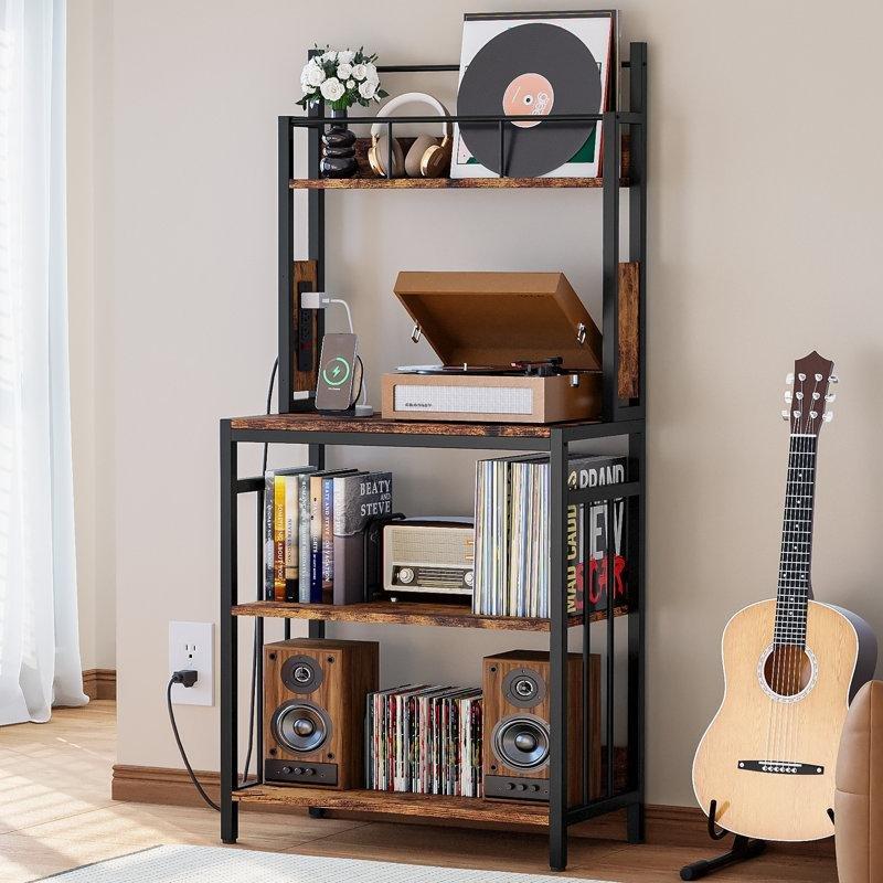 Dört Raflı Şarj İstasyonlu Retro Brown Plak Dolabı 148x69x36 cm - 81568