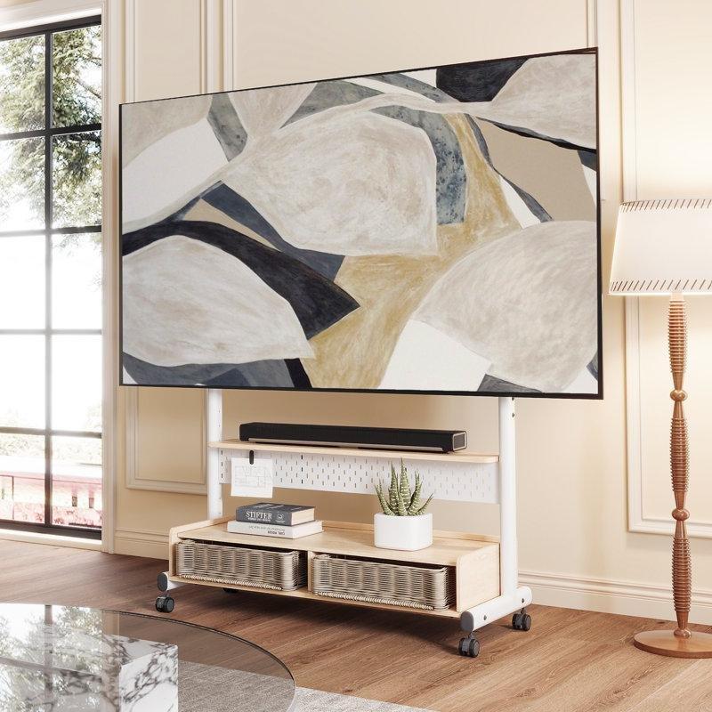 Endüstriyel Ahşap İki Raflı 112x44x155 cm Tekerlekli TV Standı - 81451