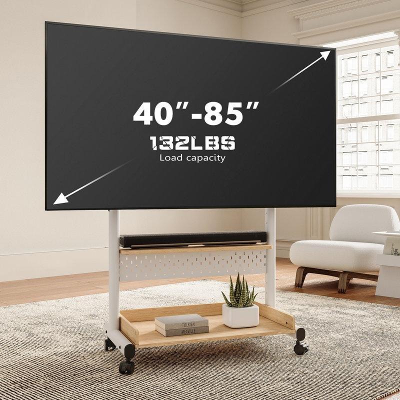 Endüstriyel Çelik Yapılı 40-85 İnç Uyumlu Tekerlekli TV Standı Ahşap Raflı - 81457