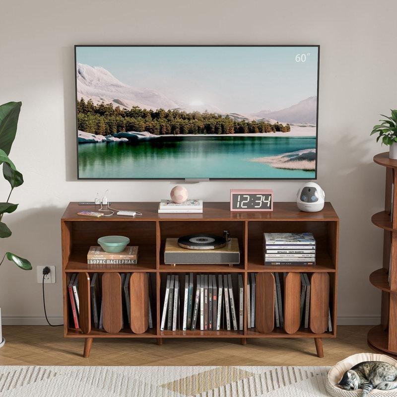 Geniş Kapasiteli Ceviz Renkli Plak Dolabı 140x75x40 cm Güç Çıkışlı - 81751