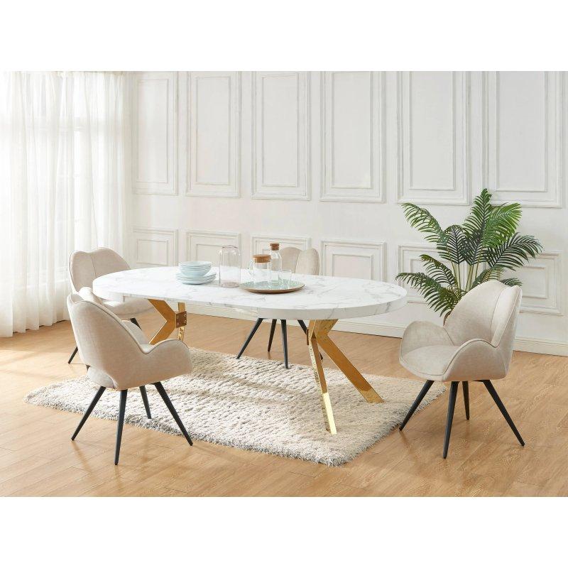 Gold Detaylı Beyaz Mermer Etkili Açılır Yuvarlak Yemek Masası 220 cm - 83059