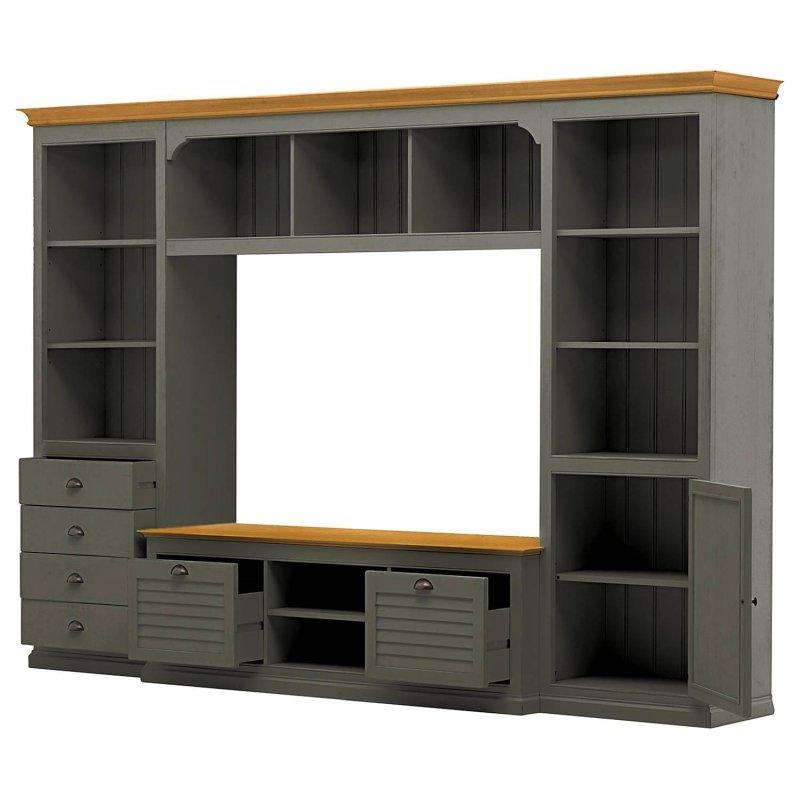 Granit Gri ve Bal Renkli Endüstriyel Ahşap Vitrinli TV Ünitesi 295x208 cm - 81868