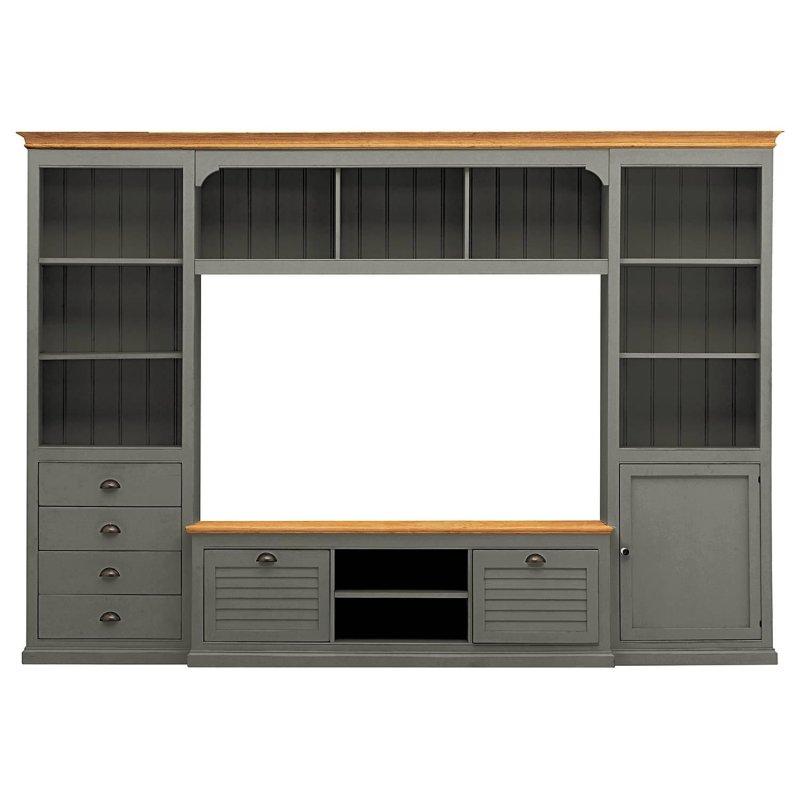 Granit Gri ve Bal Renkli Endüstriyel Ahşap Vitrinli TV Ünitesi 295x208 cm - 81868