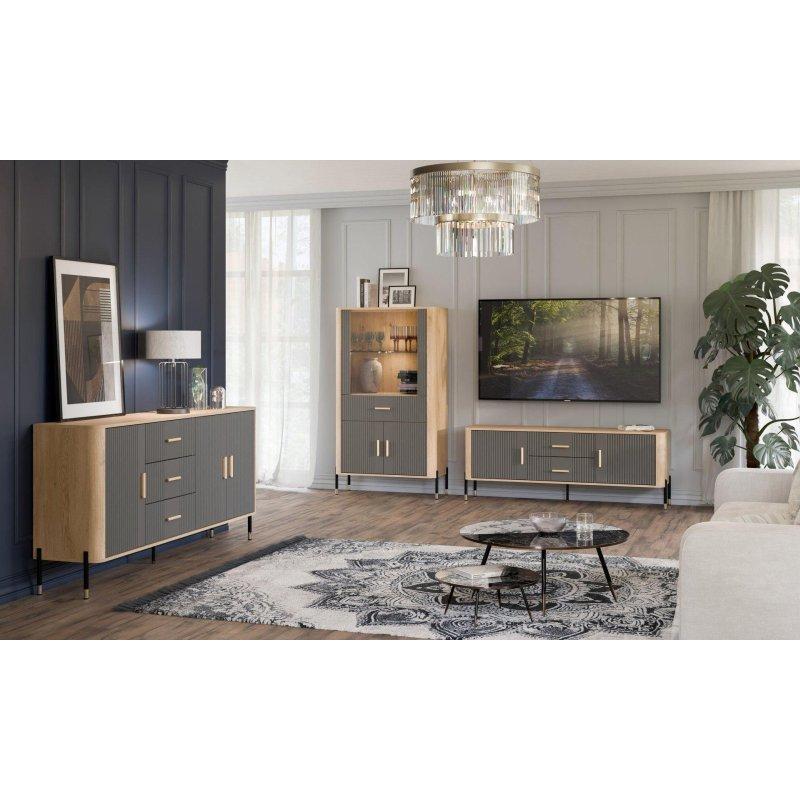 Gri Mat ve Doğal Ahşap 165 cm Vitrinli TV Ünitesi Gold Metal Tutamaklar - 82165