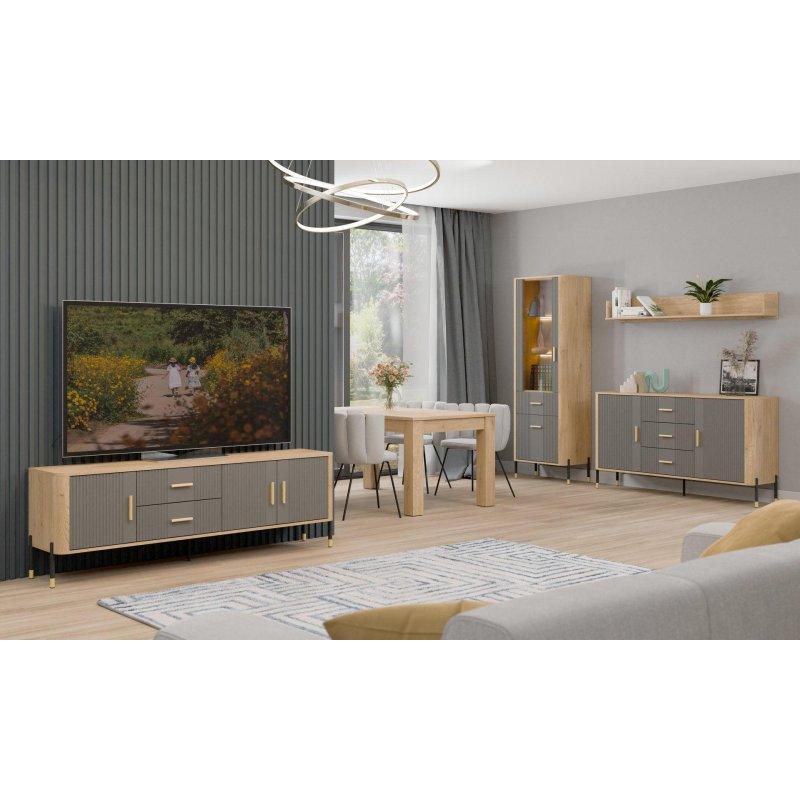 Gri Mat ve Doğal Ahşap 165 cm Vitrinli TV Ünitesi Gold Metal Tutamaklar - 82165