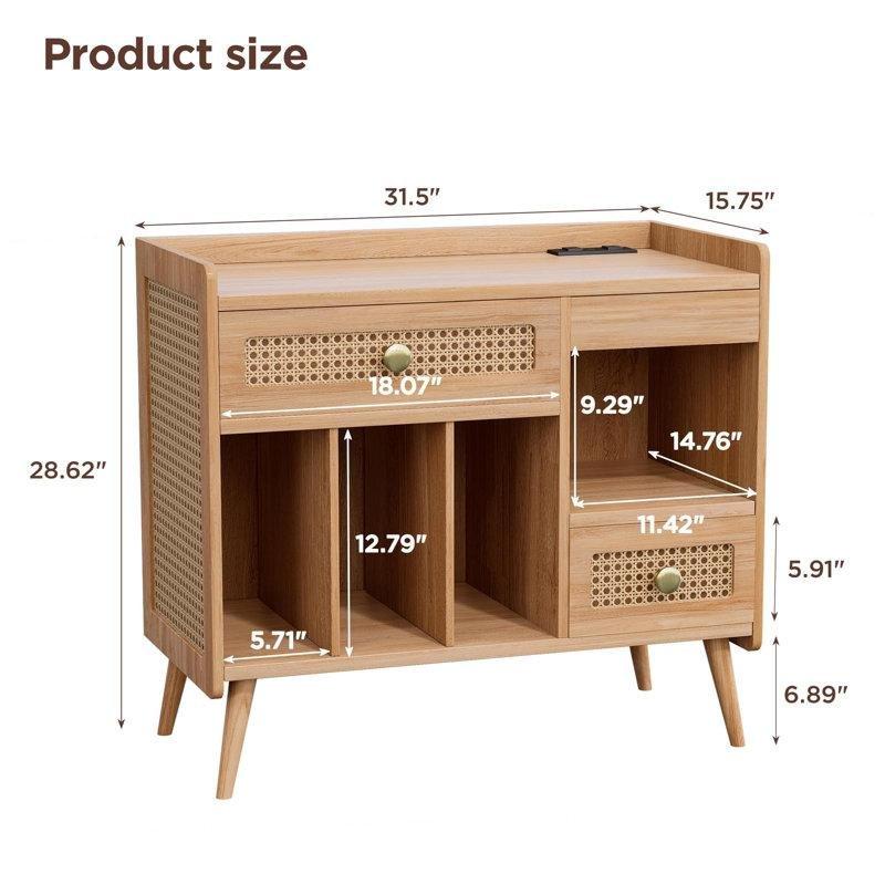 Hasırlı Kapılı Plak Dolabı Şarj İstasyonlu Ahşap Depolama Ünitesi 90x75 cm - 81577