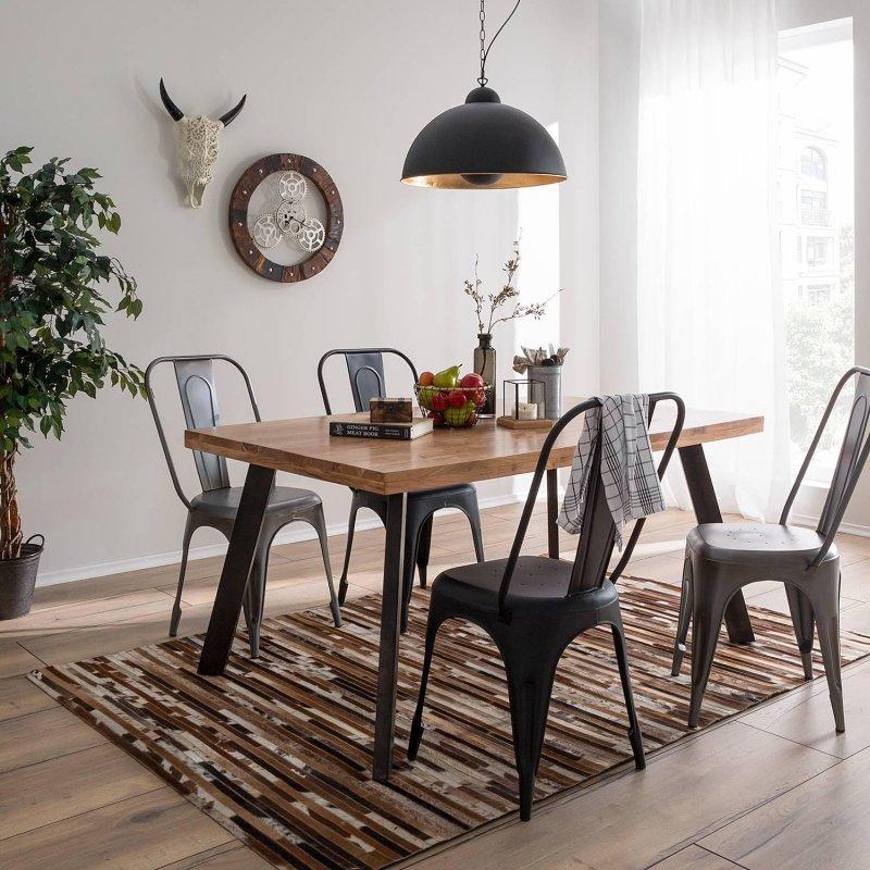 Hindistan Akasya Masif Ahşap Yemek Masası 160x100 cm Antrasit Metal Ayaklı - 82618