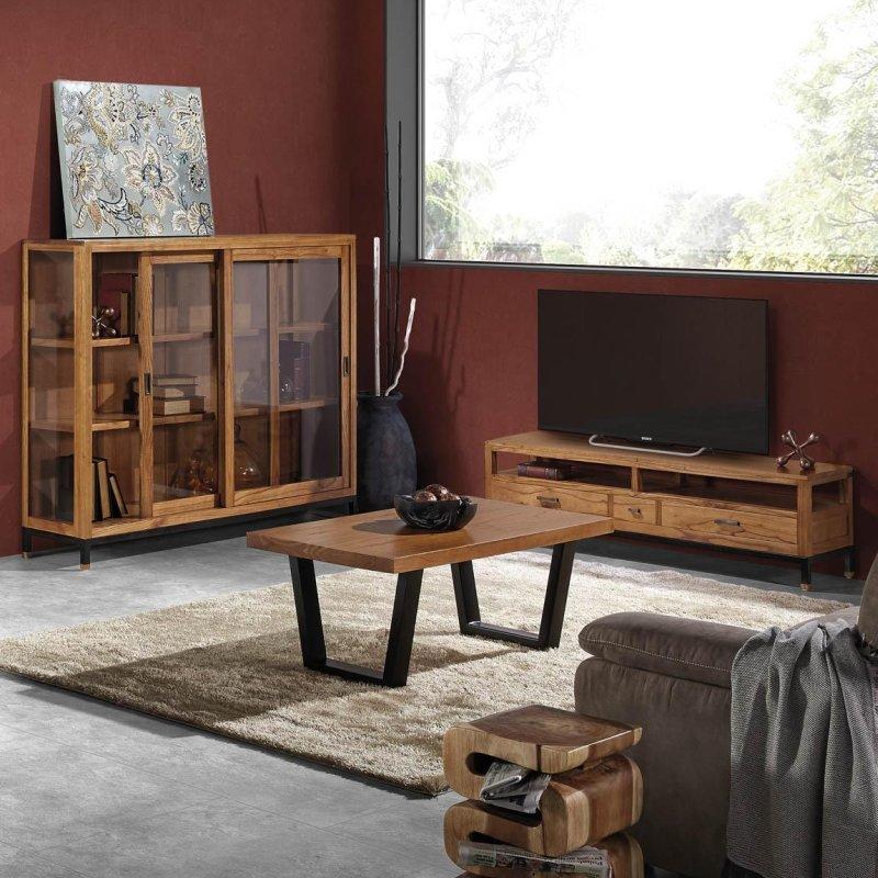 Kahverengi Masif Ahşap 150 cm TV Ünitesi Bronz Aksesuar ve Siyah Metal Ayaklı - 80563