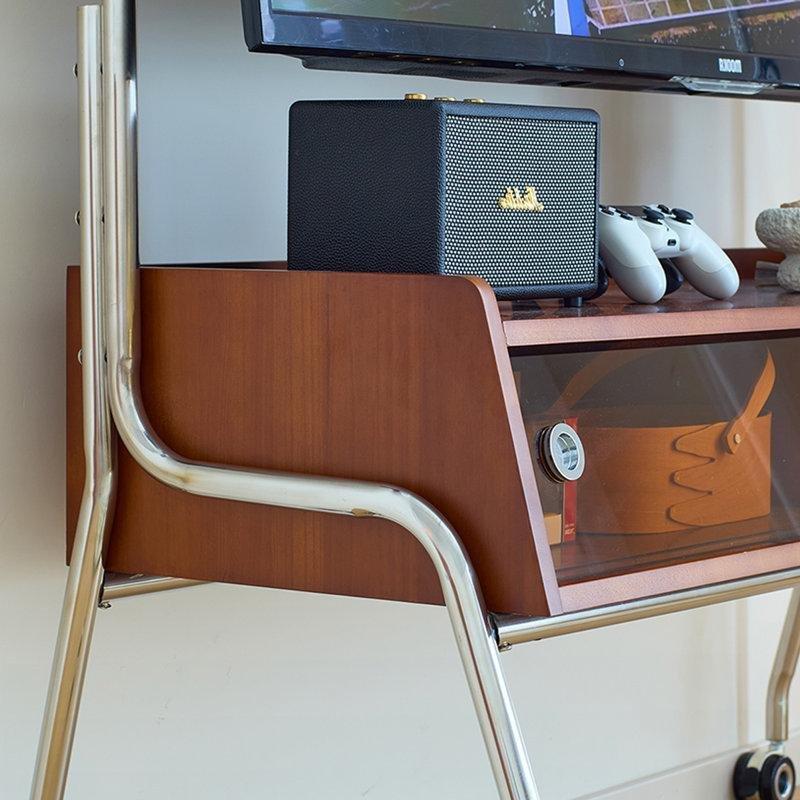 Kahverengi Masif Ahşap Metal Kombinli 130x56x123 cm Tekerlekli TV Standı - 81424