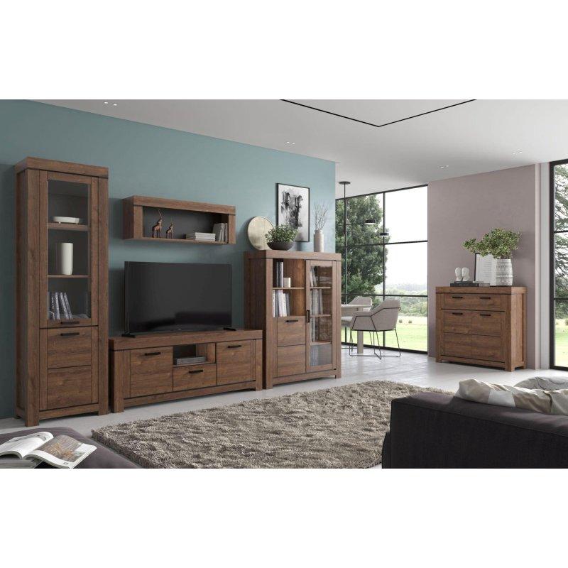 Kahverengi Meşe TV Ünitesi 160x62.5x40 cm Açık Raflı Vitrinli Tasarım - 82066