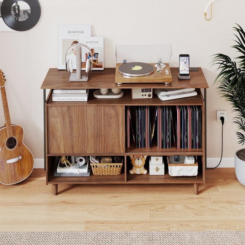 Kapaklı Ahşap Plak Dolabı 120x47x81 cm Şarj İstasyonlu Vinil Saklama Ünitesi - 81721