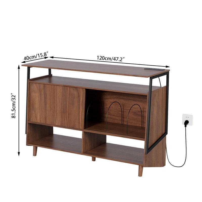 Kapaklı Ahşap Plak Dolabı 120x47x81 cm Şarj İstasyonlu Vinil Saklama Ünitesi - 81721