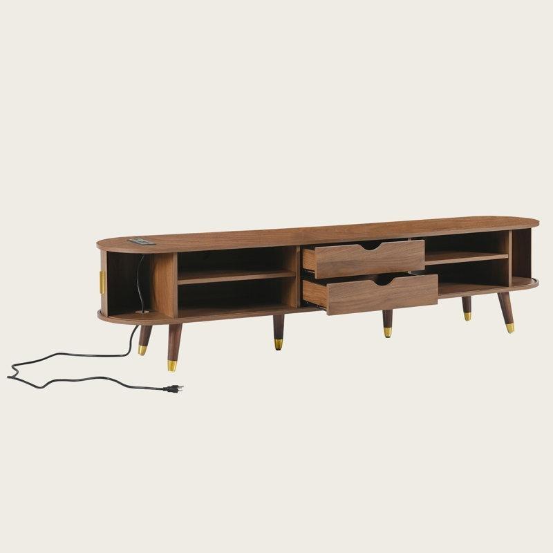 Kaydırmalı Kapılı Gold Detaylı Orta Yüzyıl Ahşap Oval TV Konsolu 190 cm - 80800