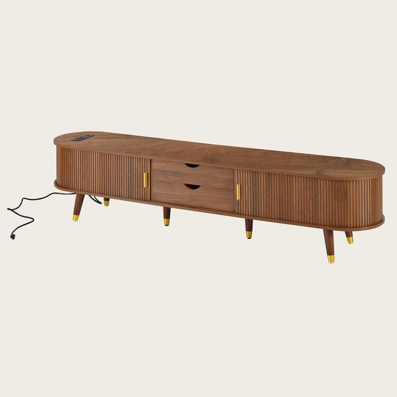 Kaydırmalı Kapılı Gold Detaylı Orta Yüzyıl Ahşap Oval TV Konsolu 190 cm - 80800
