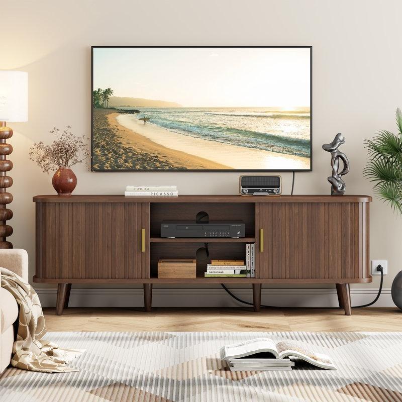 Kaymaz Kapılı Modern TV Konsolu 150 cm Gold Tutamak ve Ahşap Ayaklı - 80845