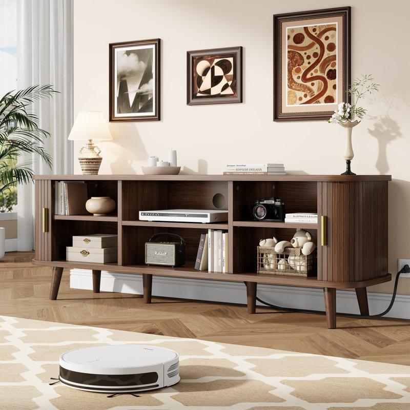 Kaymaz Kapılı Modern TV Konsolu 150 cm Gold Tutamak ve Ahşap Ayaklı - 80845