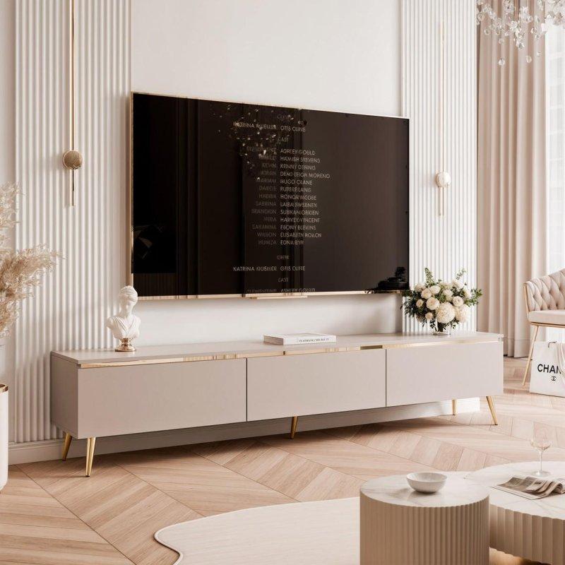 Krem Rengi Mat Laminat 200 cm TV Ünitesi Gold Detaylı - 80740