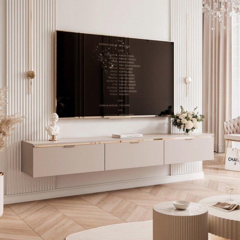 Krem Rengi Mat Laminat 200 cm TV Ünitesi Gold Detaylı LED Aydınlatmalı - 80728