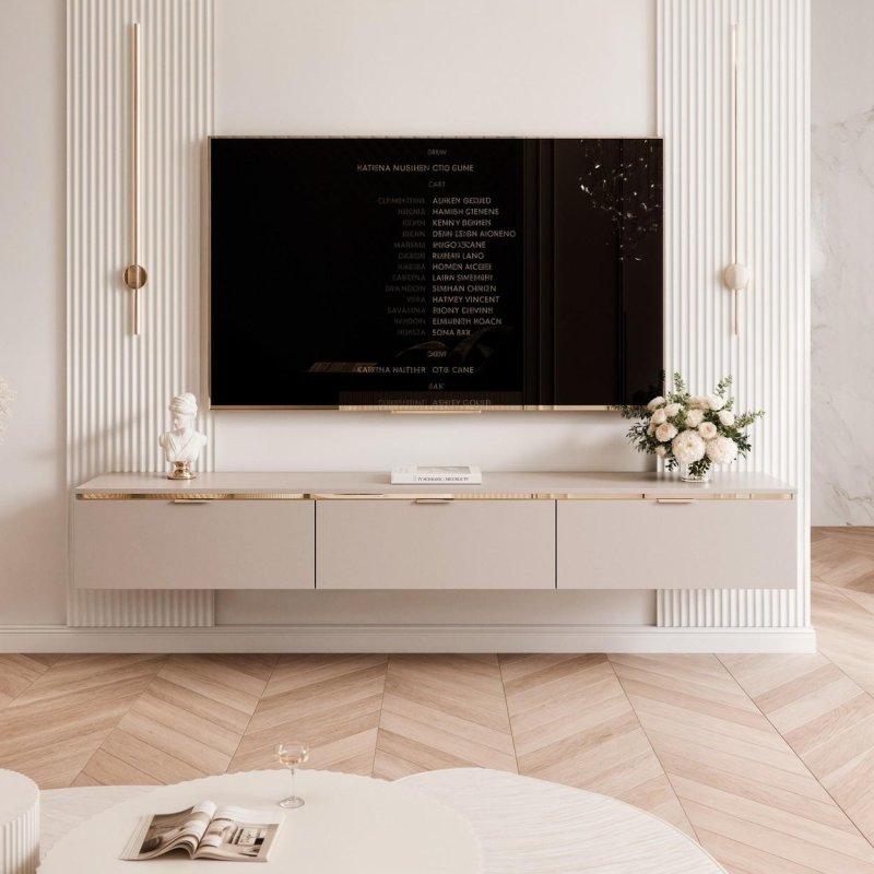 Krem Rengi Mat Laminat 200 cm TV Ünitesi Gold Detaylı LED Aydınlatmalı - 80728