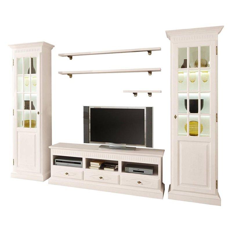 Krem Renkli Masif Çam Ahşap Vitrinli TV Ünitesi 312x217 cm - 81850