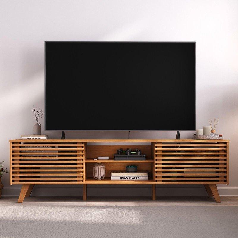 Masif Çam Ahşap 175 cm Kaydırmalı Kapılı TV Ünitesi Doğal Meşe Rengi - 80557