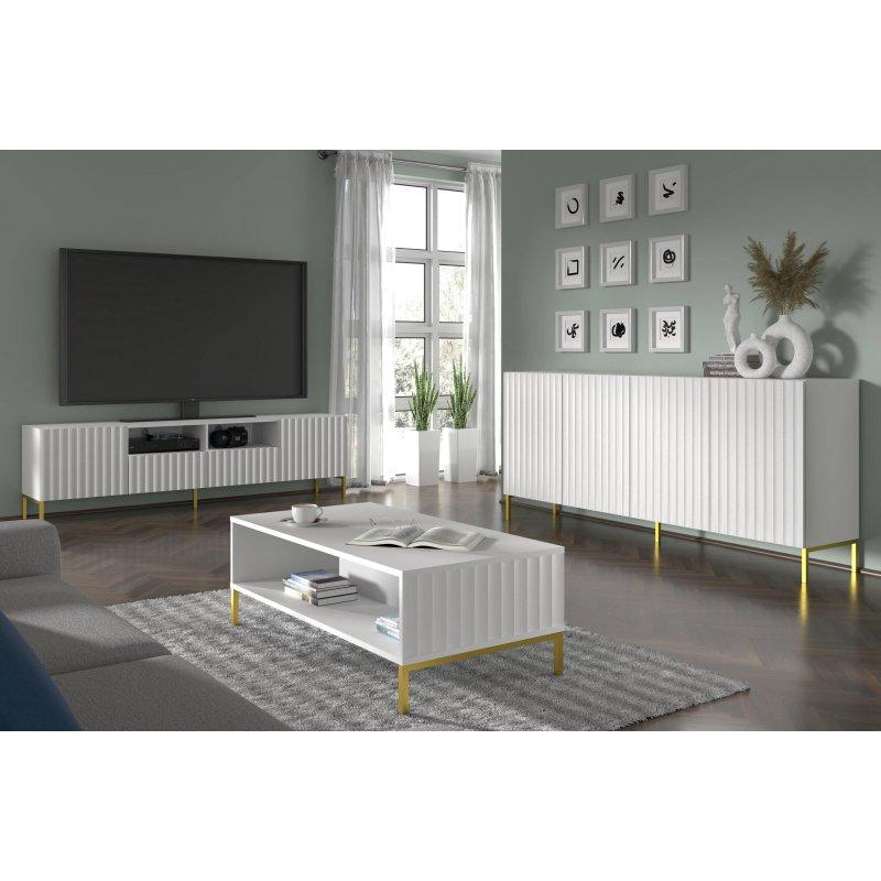 Mat Beyaz 200 cm Tv Ünitesi Gold Ayaklı İki Çekmeceli - 80698