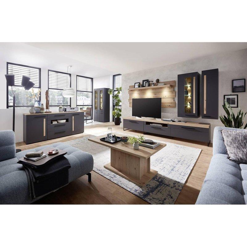 Mat Gri Endüstriyel Ahşap 5 Parçalı LED Aydınlatmalı Vitrinli TV Ünitesi 314x201 cm - 81862