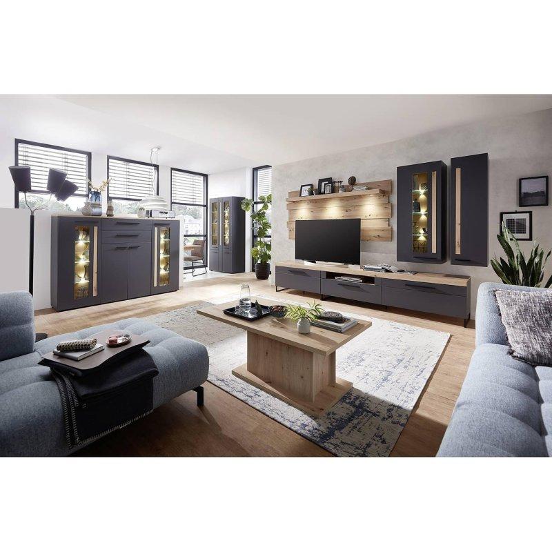 Mat Gri Endüstriyel Ahşap 5 Parçalı LED Aydınlatmalı Vitrinli TV Ünitesi 314x201 cm - 81862