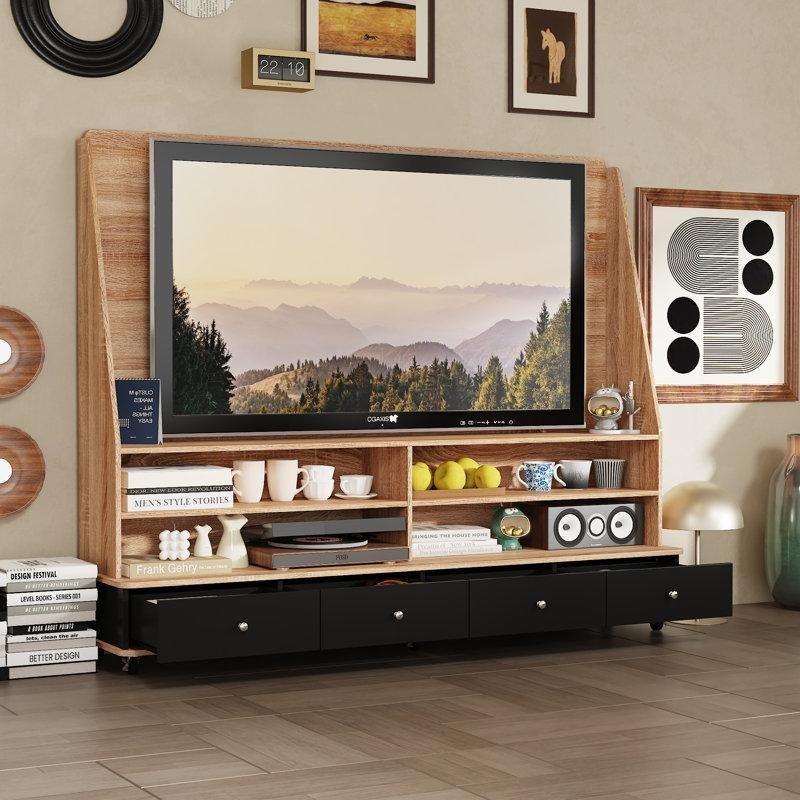 Meşe Rengi Siyah Çekmeceli 178 cm Genişliğinde Tekerlekli TV Standı - 81382
