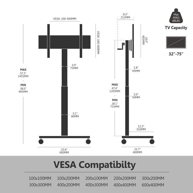Metal Gövdeli Ayarlanabilir Tekerlekli TV Standı 32-75 İnç 60x40x145 cm - 81394