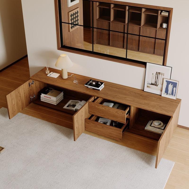 Orta Yüzyıl Modern Tasarımlı 200 cm Kahverengi Ahşap TV Konsolu 2 Çekmeceli ve 2 Raflı - 80962