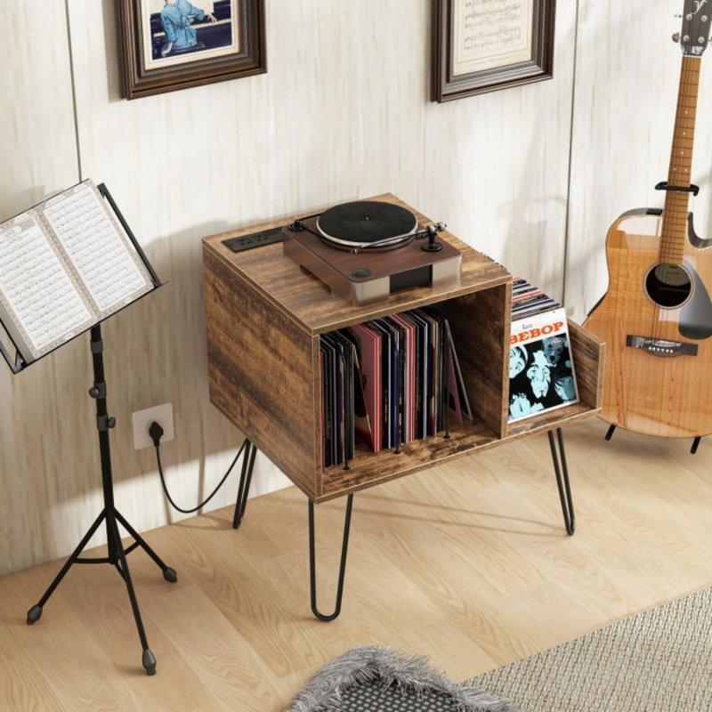 Orta Yüzyıl Tasarımlı Endüstriyel Ahşap Plak Dolabı 68x66x45 cm - 81580