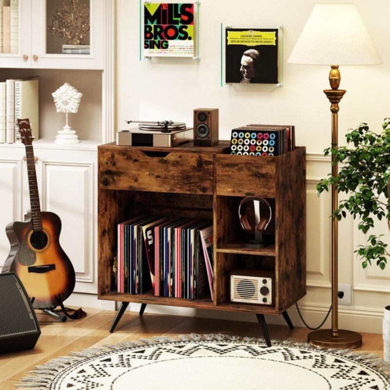 Rustik Kahverengi Endüstriyel Metal Ayaklı Plak Dolabı 79x80x41 cm - 81676