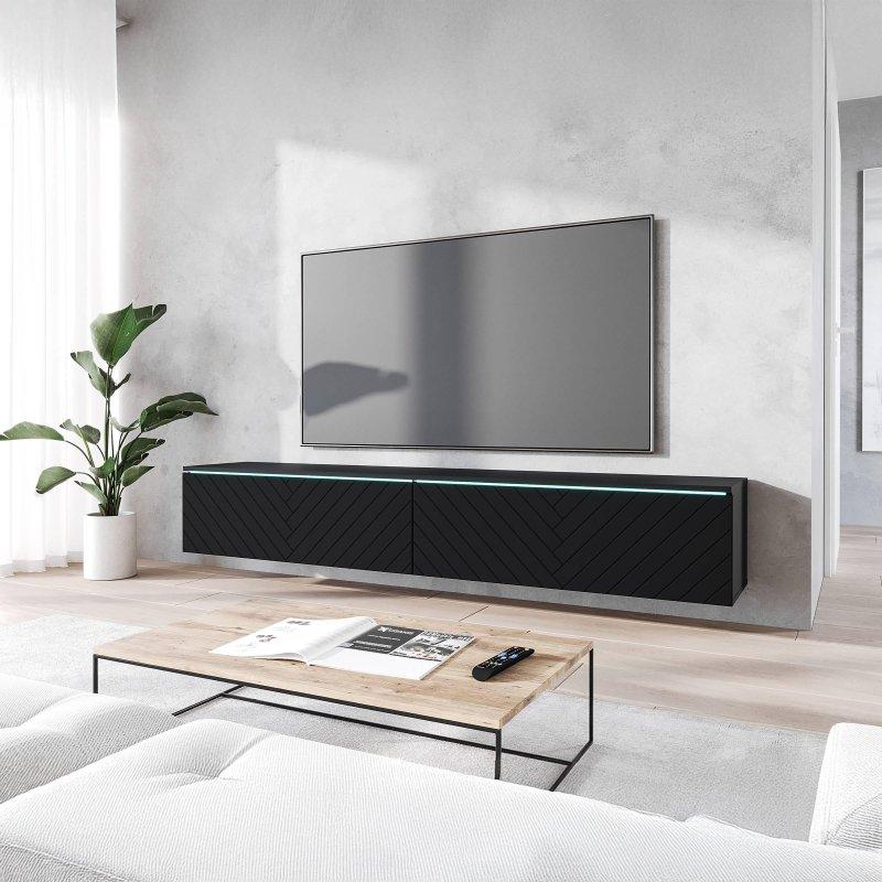 Siyah Balık Kılçığı Desenli 180 cm TV Ünitesi LED Aydınlatmalı - 80647
