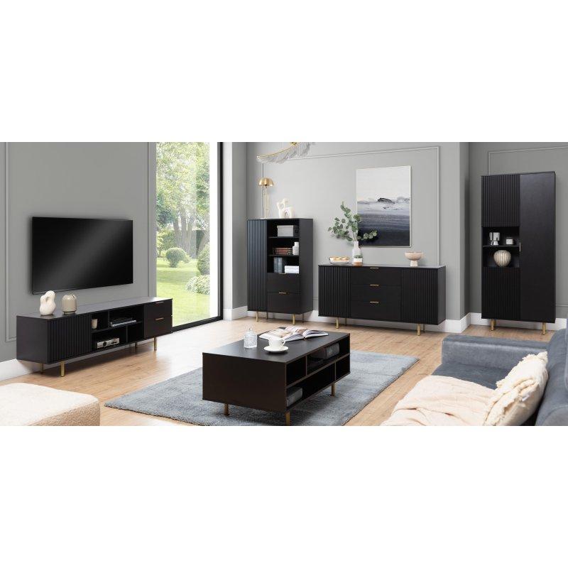 Siyah Çizgili Desenli İki Kapılı Vitrinli TV Ünitesi Gold Ayaklı 190x80x41 cm - 81892
