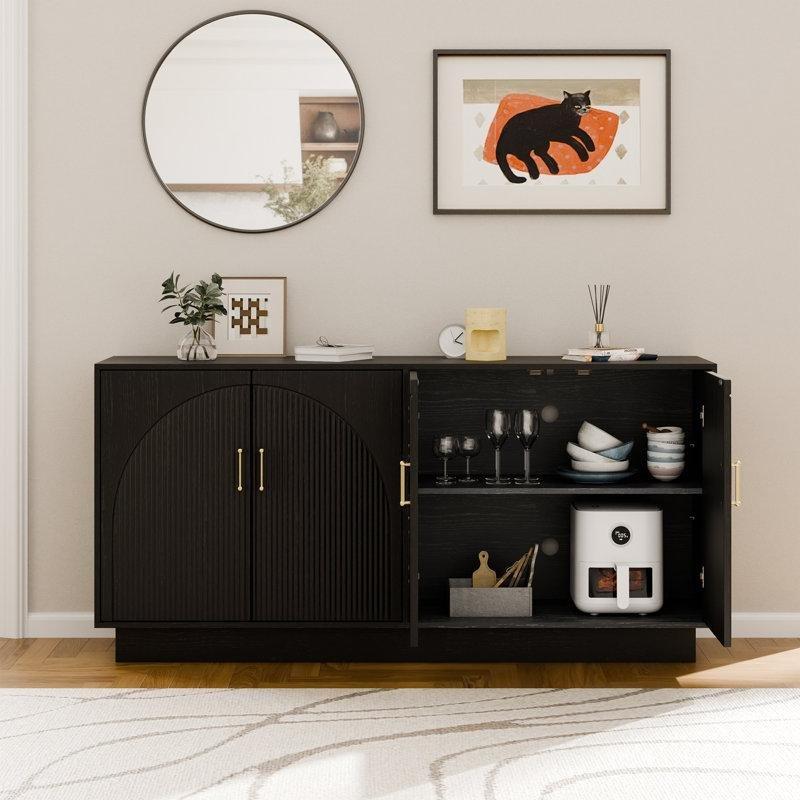 Siyah Endüstriyel Ahşap Yivli Kapaklı TV Konsolu 165x40x80 cm - 80998