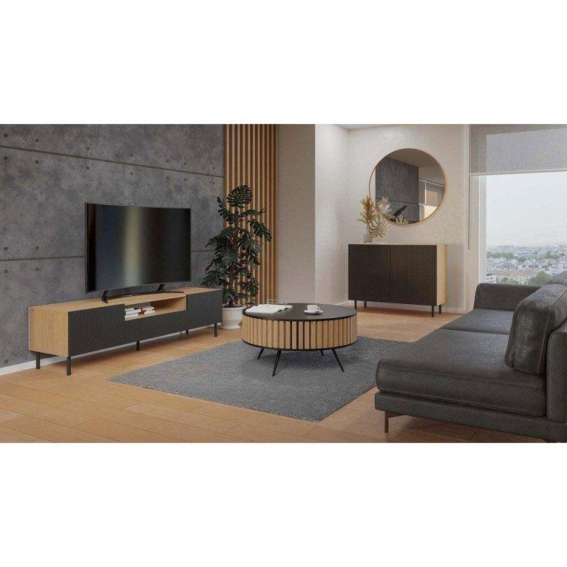 Siyah Foliyer Kaplamalı 160 cm Açık Raflı TV Ünitesi Artisan Meşe Blat - 82054