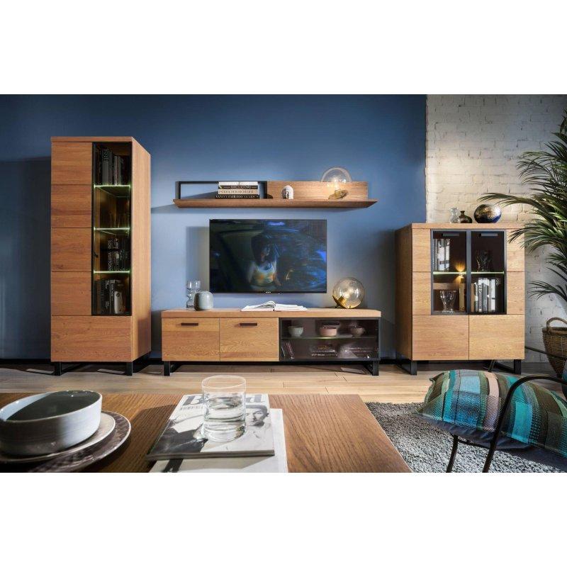 Siyah Mat Çerçeveli Meşe Rustical 180 cm Vitrinli TV Ünitesi - 82195