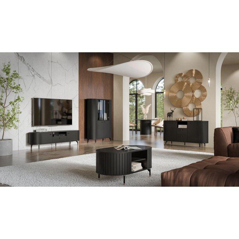 Siyah Mat Laminat 180 cm Vitrinli TV Ünitesi Gold Ayaklı - 82300