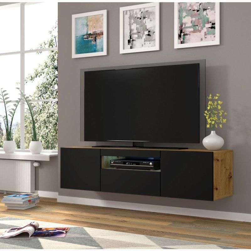 Siyah Mat ve Doğal Ahşap 150 cm TV Ünitesi LED Aydınlatmalı - 80539