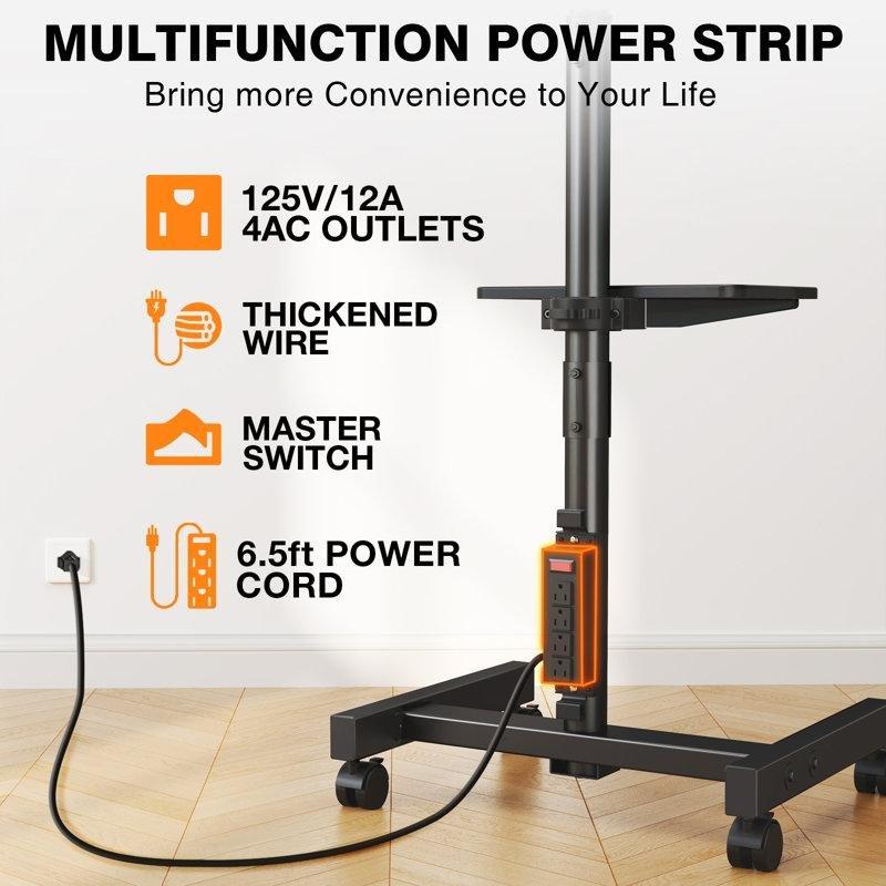 Siyah Metal Tekerlekli TV Standı 13-50 İnç Uyumlu 48-132 cm Yükseklik Ayarlı Güç Prizli - 81418