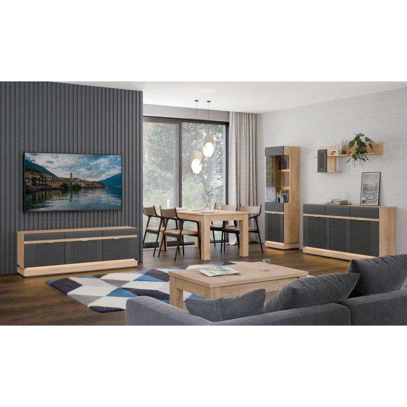 Üç Kapılı Beyaz Mat ve Cremona Torro Renkli Modern Vitrinli TV Ünitesi 164x585x405 cm - 82153